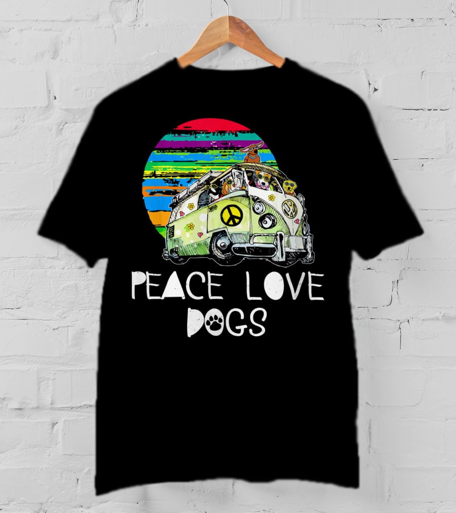 Peace Love Dogs Hippie Van Dog Lovers Vintage Peace Sign Retro Circle T-Shirt