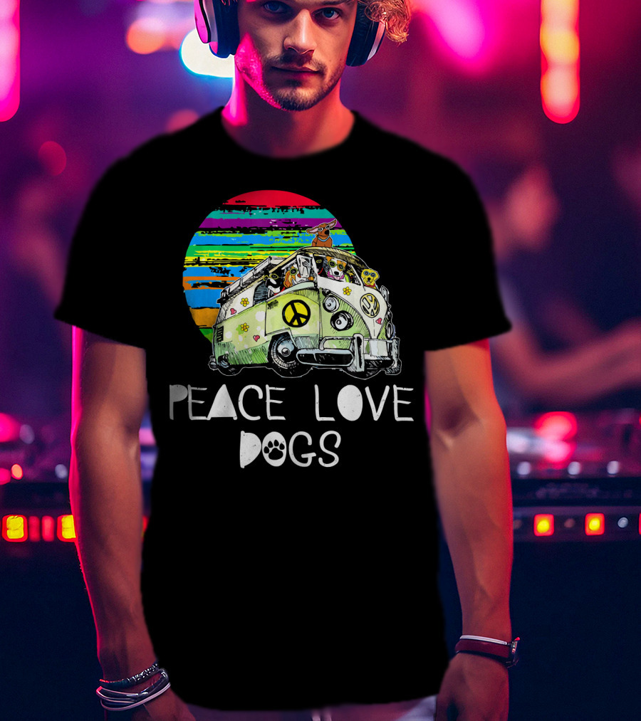 Peace Love Dogs Hippie Van Dog Lovers Vintage Peace Sign Retro Circle T-Shirt