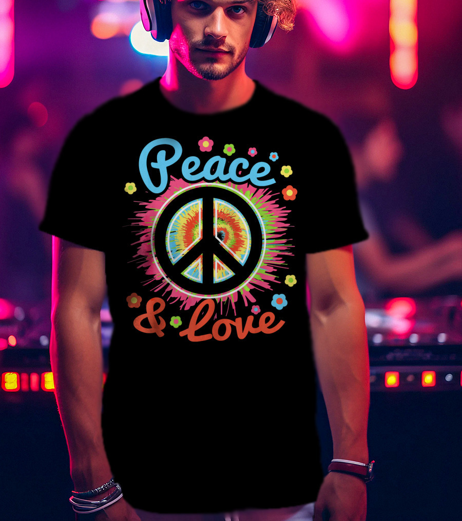 Peace And Love Tie-Dye Peace Sign With Colorful Flowers T-Shirt