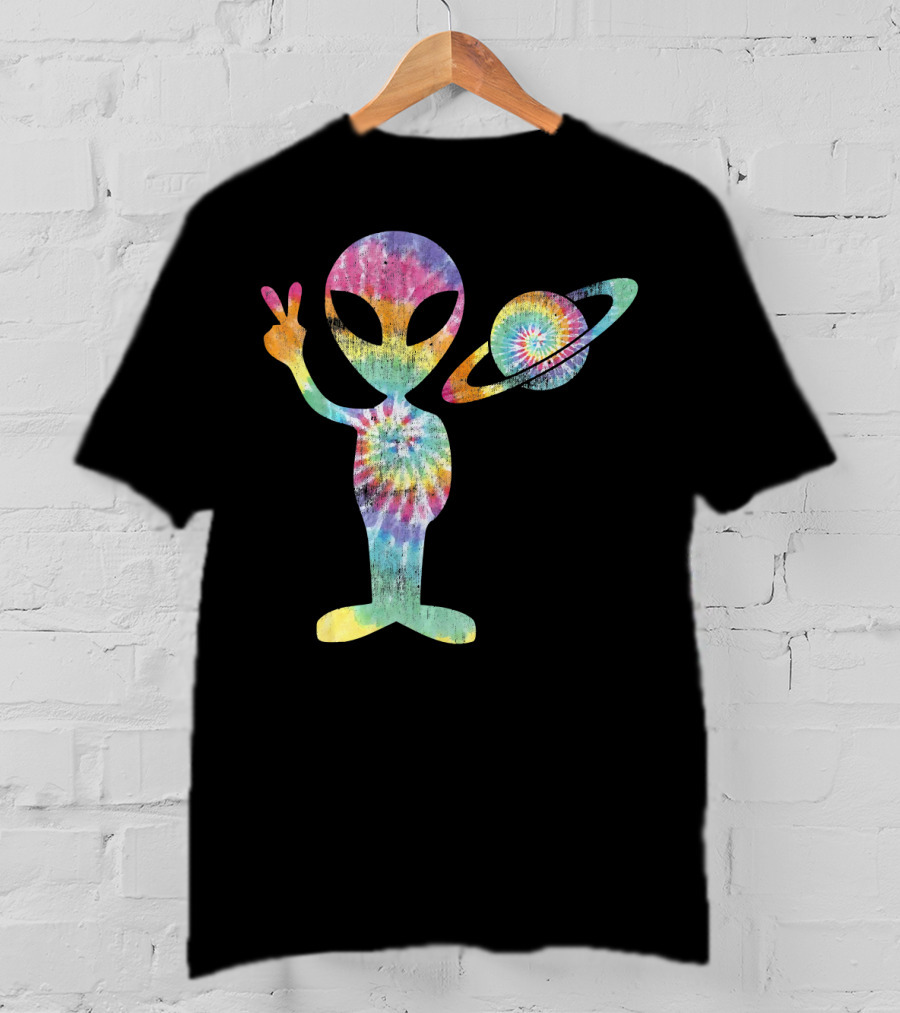 Funny Tie Dye Alien Peace Sign With Planet T-Shirt