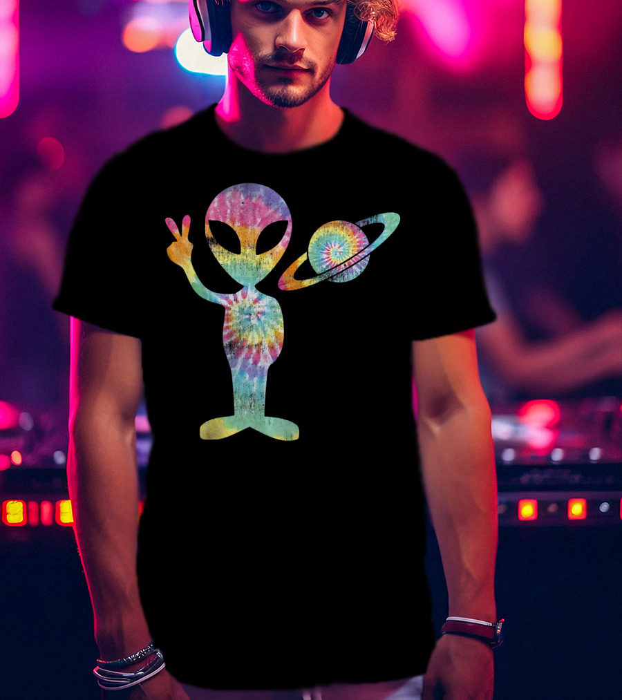 Funny Tie Dye Alien Peace Sign With Planet T-Shirt