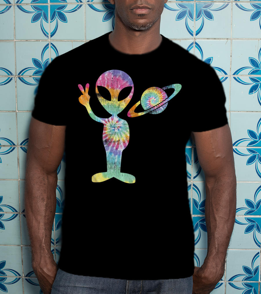 Funny Tie Dye Alien Peace Sign With Planet T-Shirt