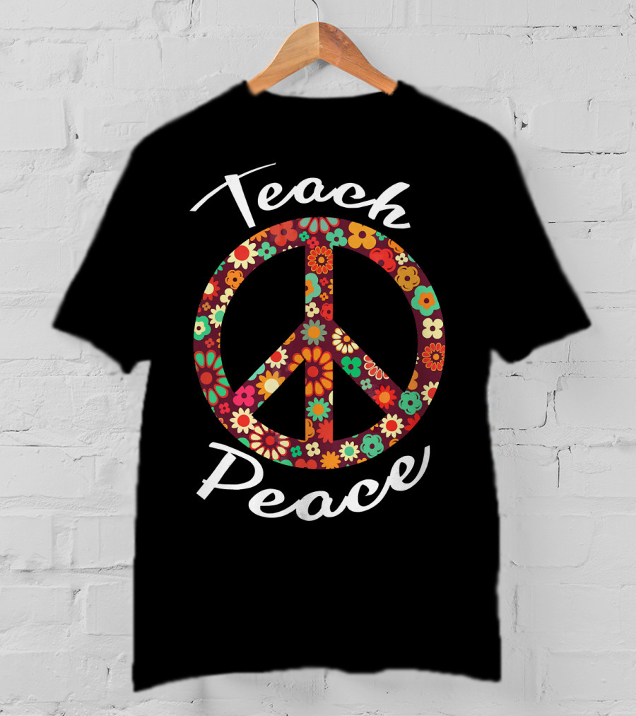 Teach Peace Floral Peace Sign 60s 70s T-Shirt