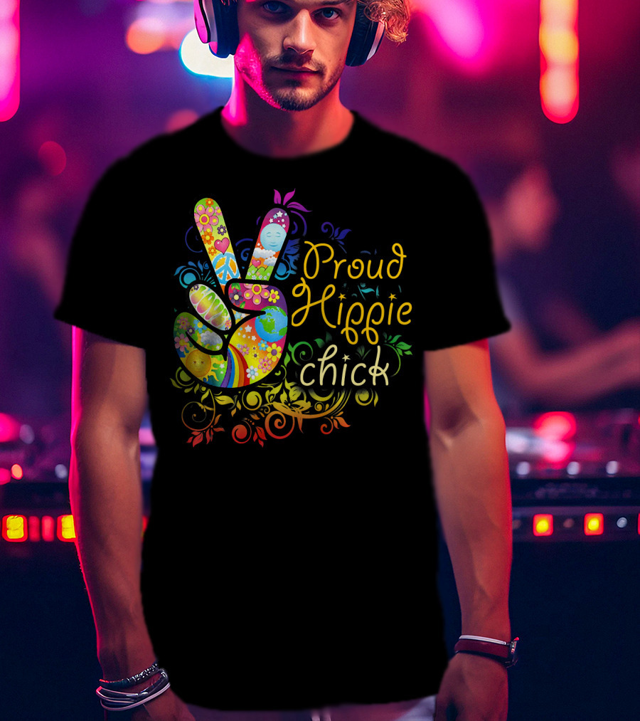 Proud Hippie Chick Peace Sign With Colorful Floral T-Shirt