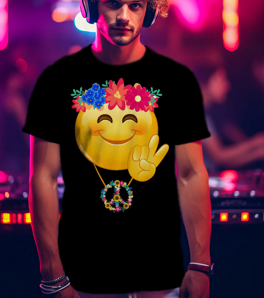 Hippie Flower Power Crown Smiley Peace Sign Necklace T-Shirt