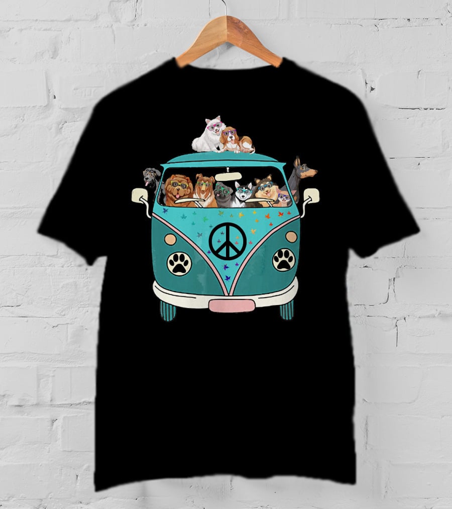 Dogs Riding A Peace Sign Paw Print Bus T-Shirt