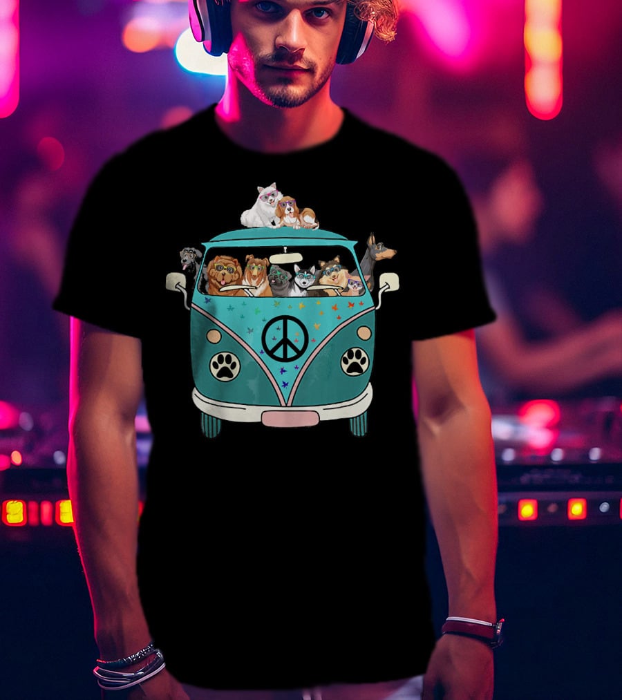 Dogs Riding A Peace Sign Paw Print Bus T-Shirt