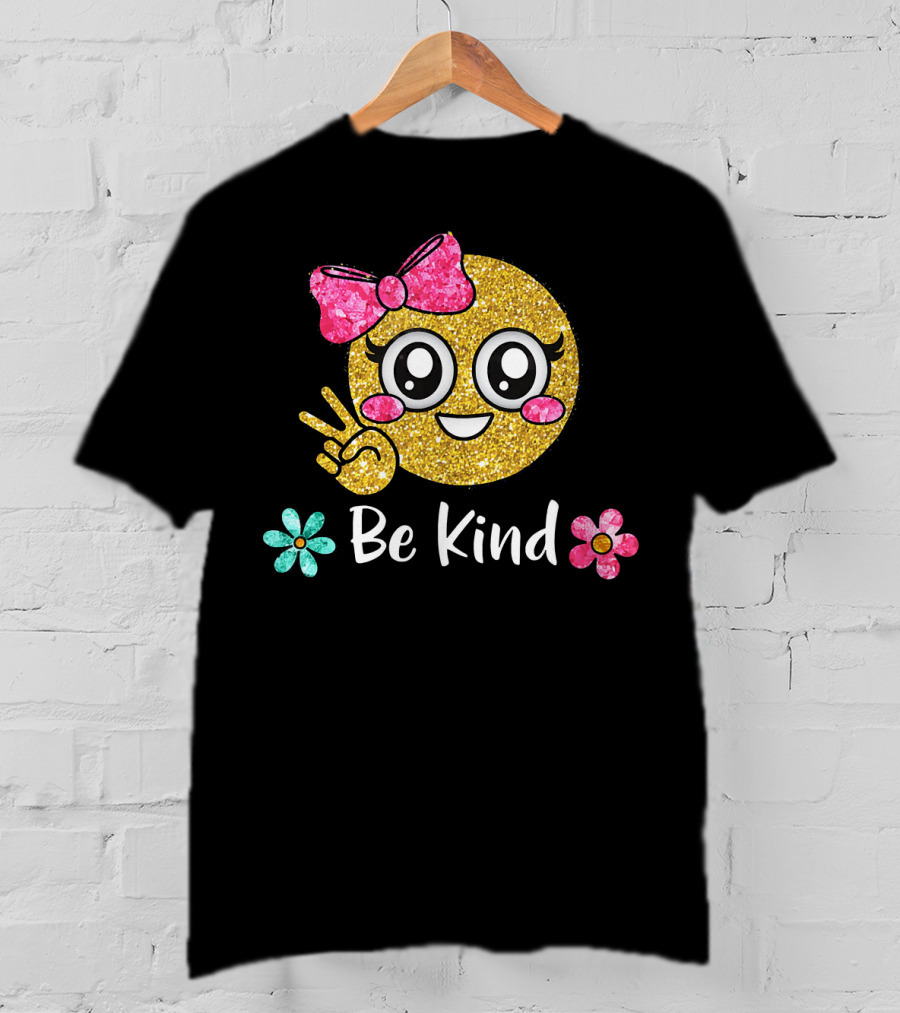 Be Kind Glitter Emoji Kawaii With Pink Bow And Flowers T-Shirt