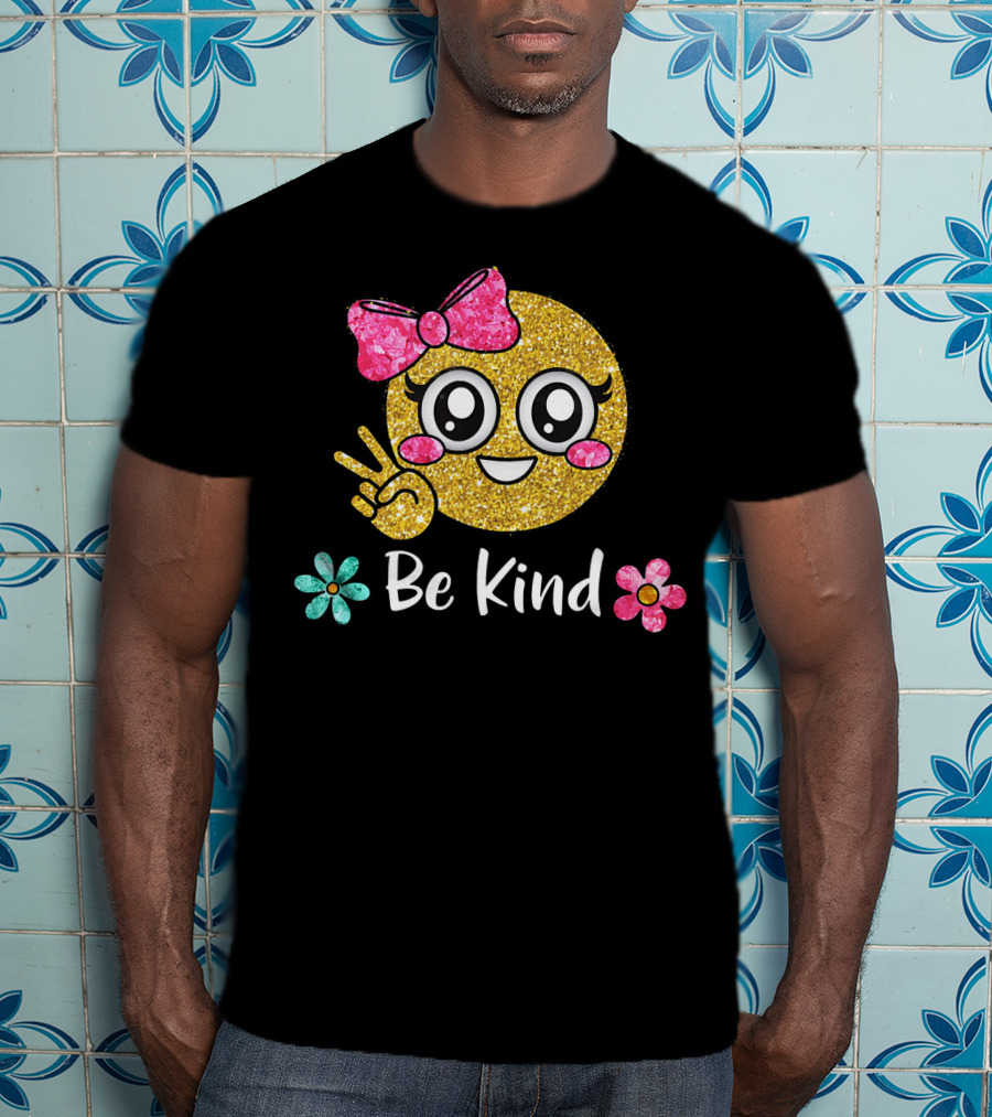Be Kind Glitter Emoji Kawaii With Pink Bow And Flowers T-Shirt