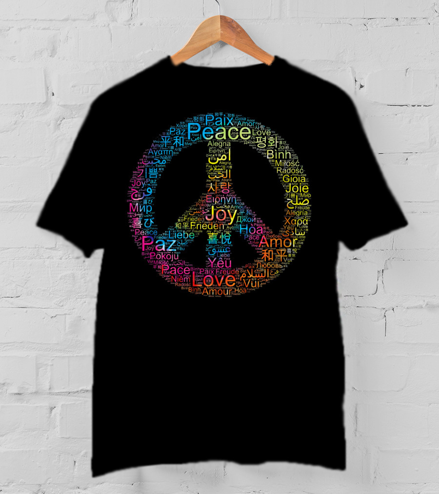 Peace Love Joy Multilingual Peace Symbol Text T-Shirt
