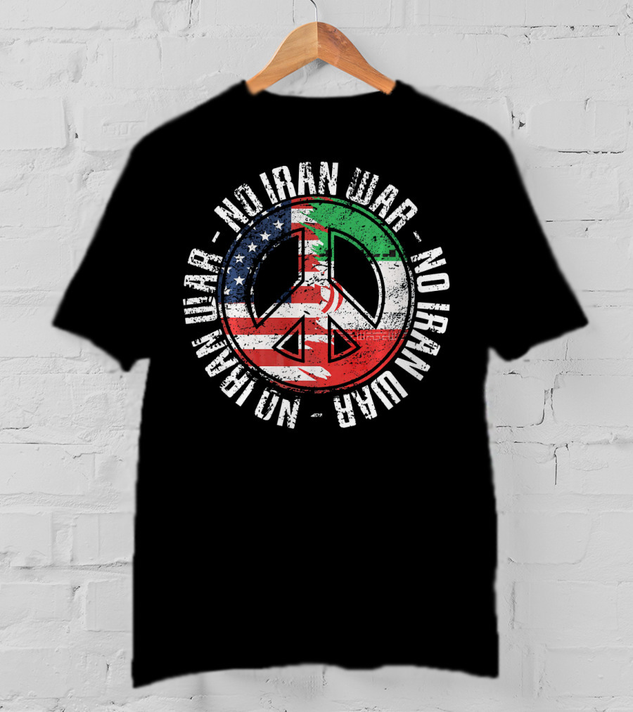 No Iran War Peace Symbol With American And Iranian Flags T-Shirt