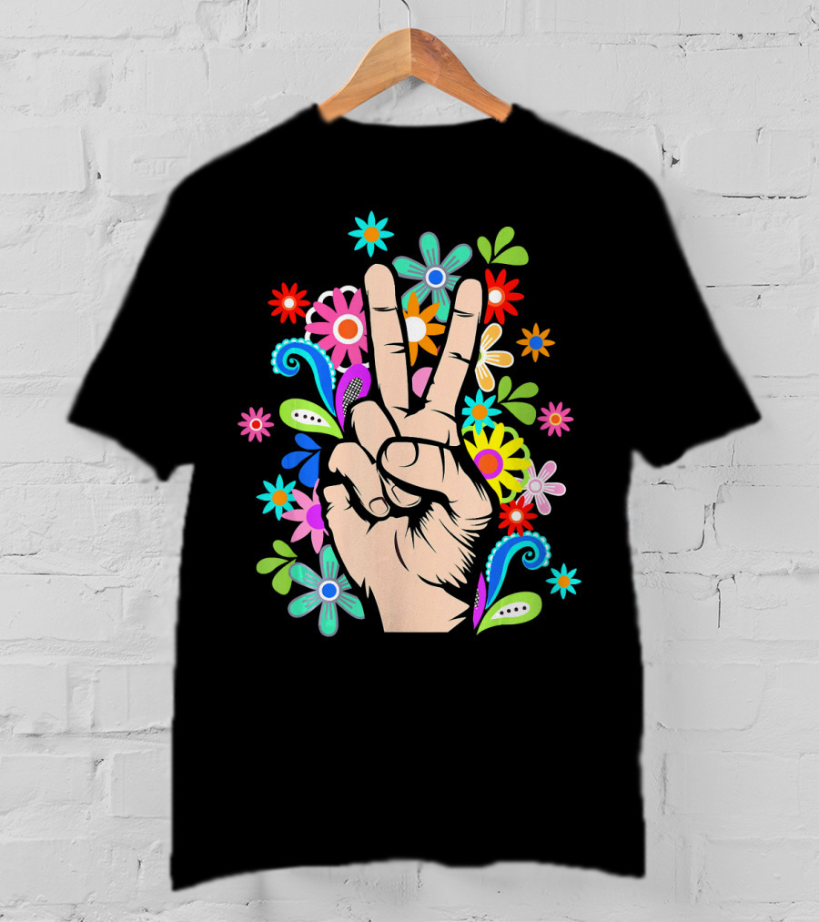 Hippie Cool Hand Peace Sign Surrounded By Colorful Flowers T-Shirt