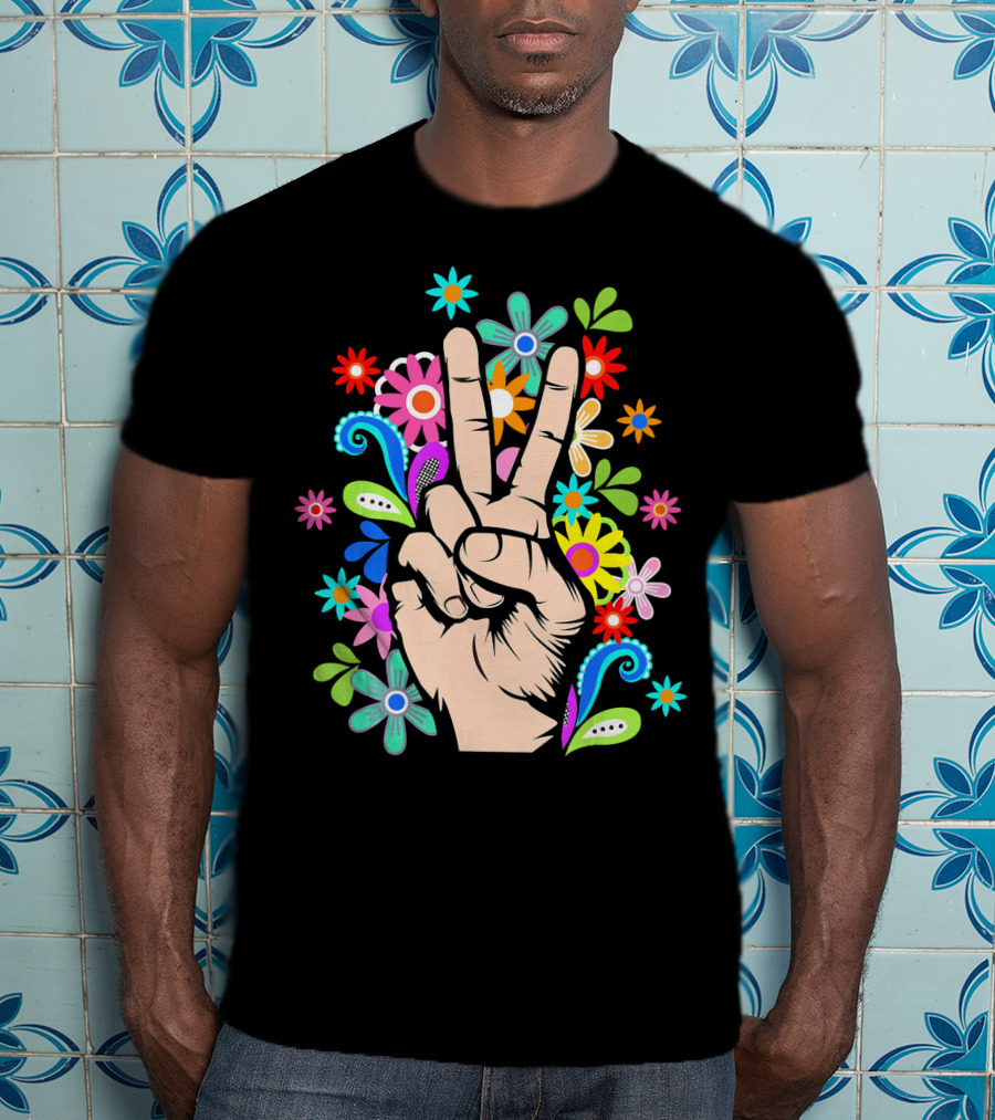 Hippie Cool Hand Peace Sign Surrounded By Colorful Flowers T-Shirt