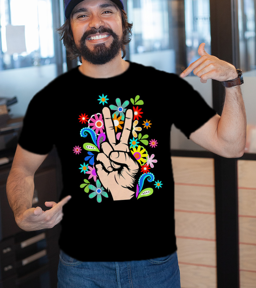 Hippie Cool Hand Peace Sign Surrounded By Colorful Flowers T-Shirt