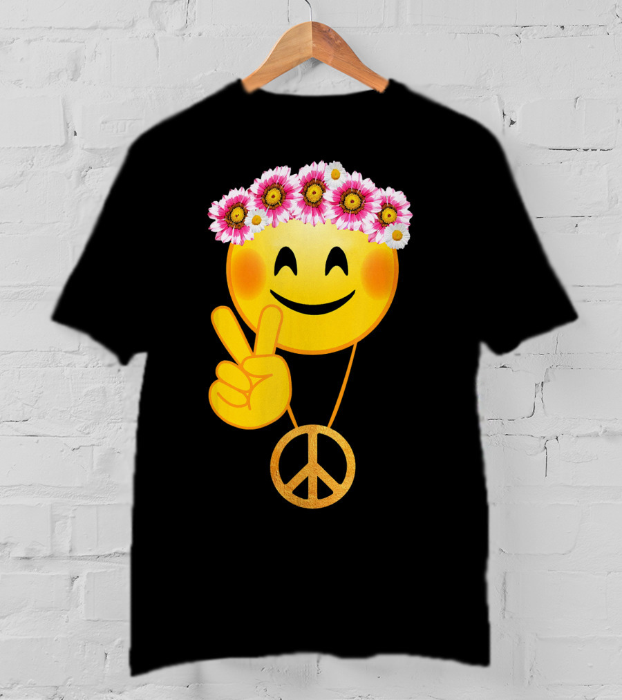 Peace Sign Smiley Face Flower Crown Hippie Necklace T-Shirt