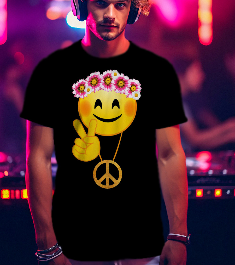 Peace Sign Smiley Face Flower Crown Hippie Necklace T-Shirt