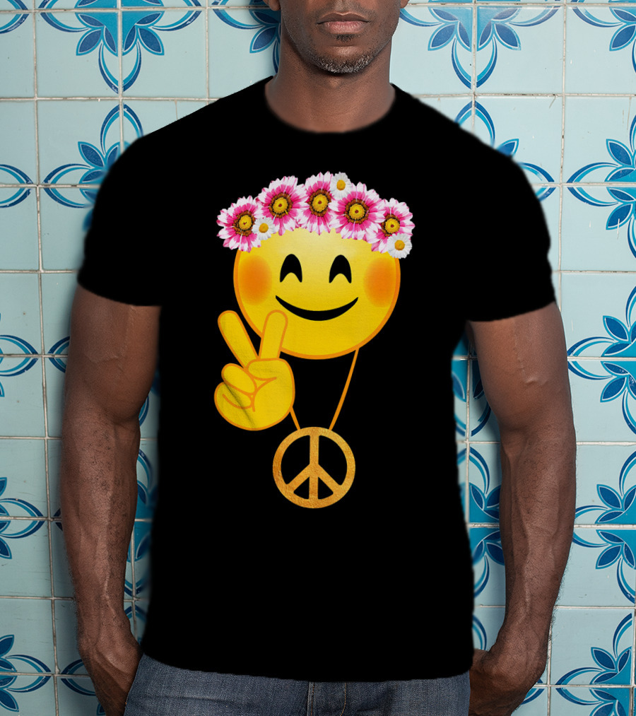 Peace Sign Smiley Face Flower Crown Hippie Necklace T-Shirt