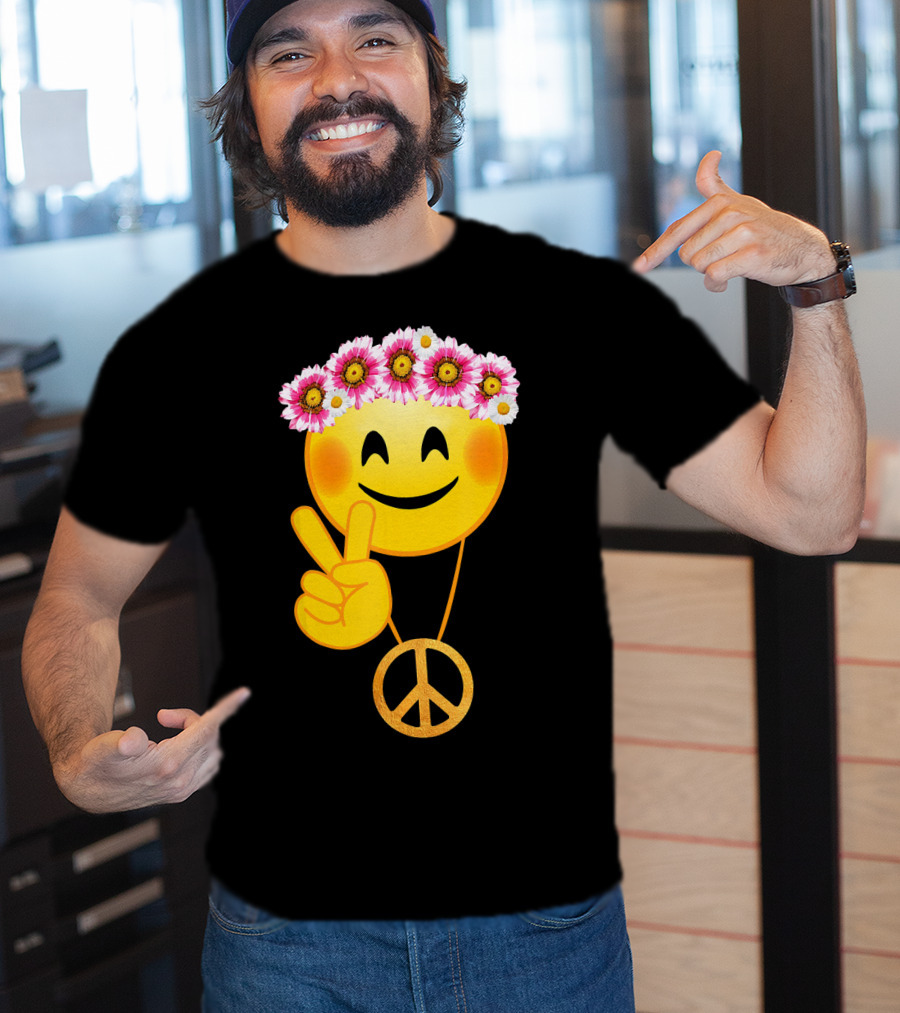 Peace Sign Smiley Face Flower Crown Hippie Necklace T-Shirt