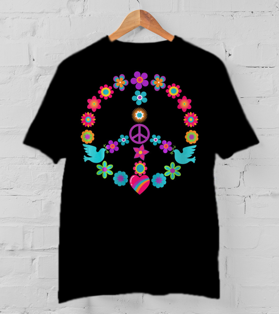 Peace Sign Flowers Dove 60s 70s Heart T-Shirt