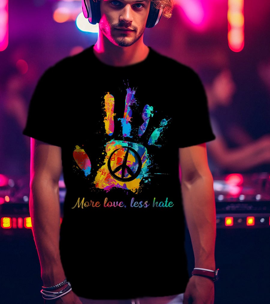 More Love Less Hate Peace Sign Hand Print Hippie T-Shirt