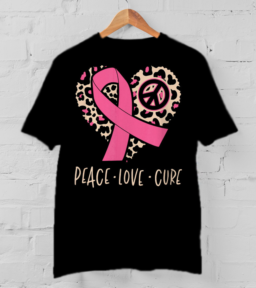 Peace Love Cure Pink Ribbon Leopard Breast Cancer Awareness T-Shirt