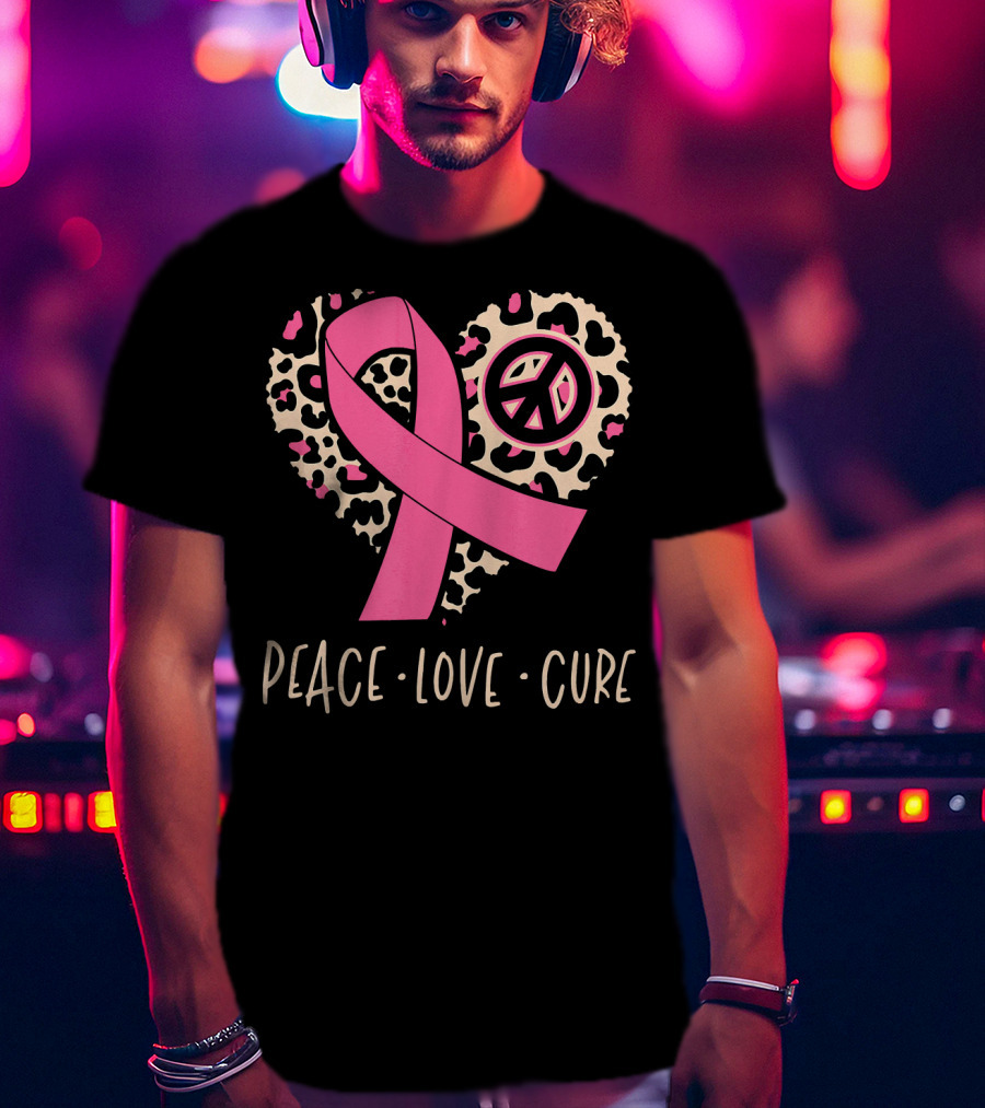 Peace Love Cure Pink Ribbon Leopard Breast Cancer Awareness T-Shirt
