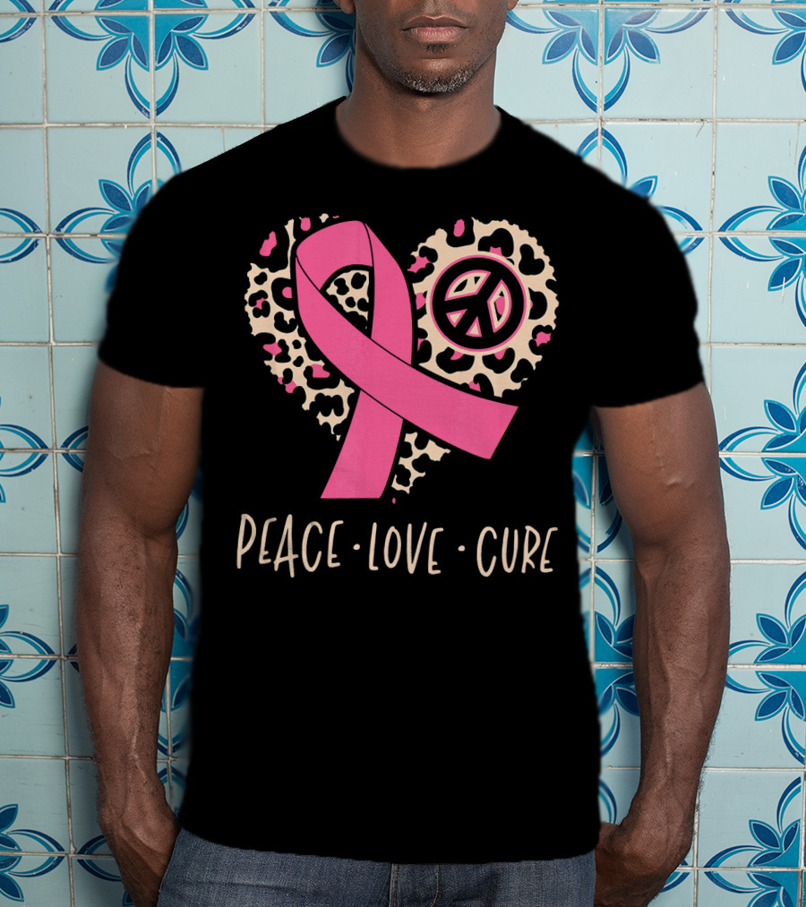 Peace Love Cure Pink Ribbon Leopard Breast Cancer Awareness T-Shirt
