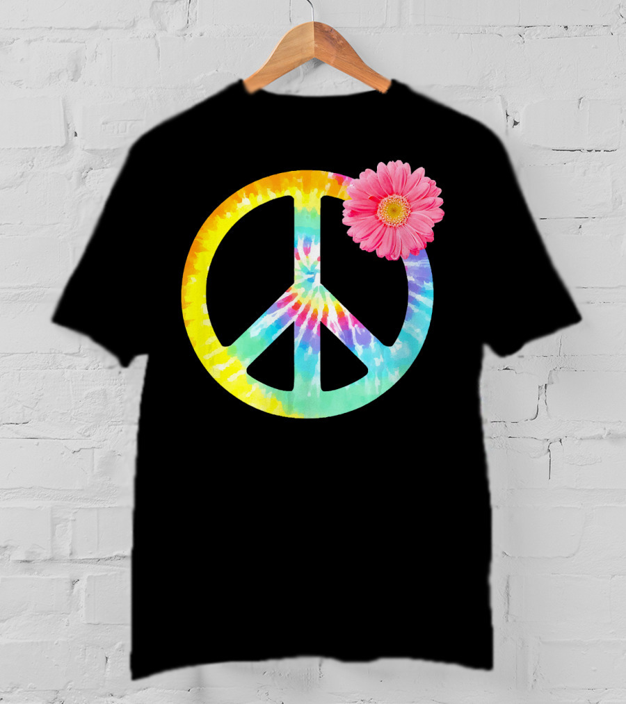 Boho Tie Dye Peace Sign With Pink Flower T-Shirt