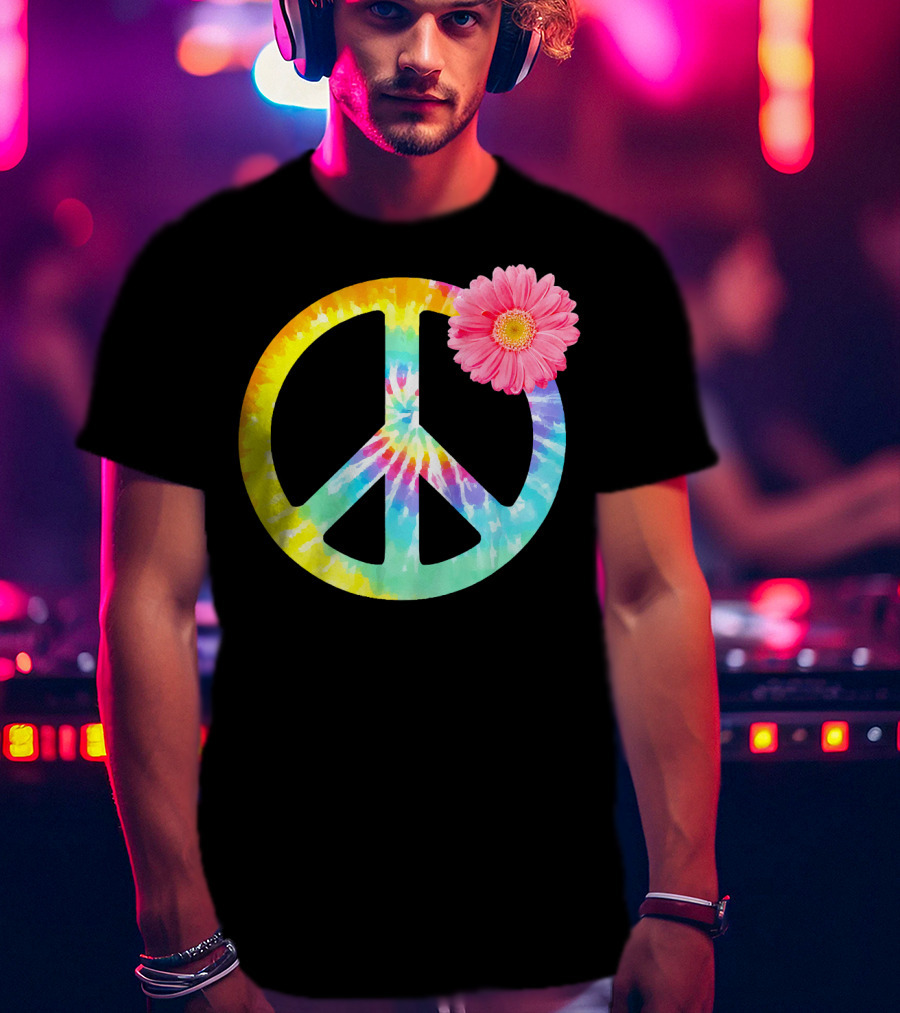 Boho Tie Dye Peace Sign With Pink Flower T-Shirt