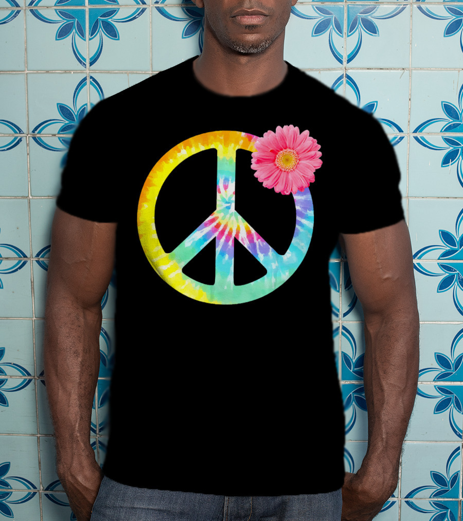 Boho Tie Dye Peace Sign With Pink Flower T-Shirt