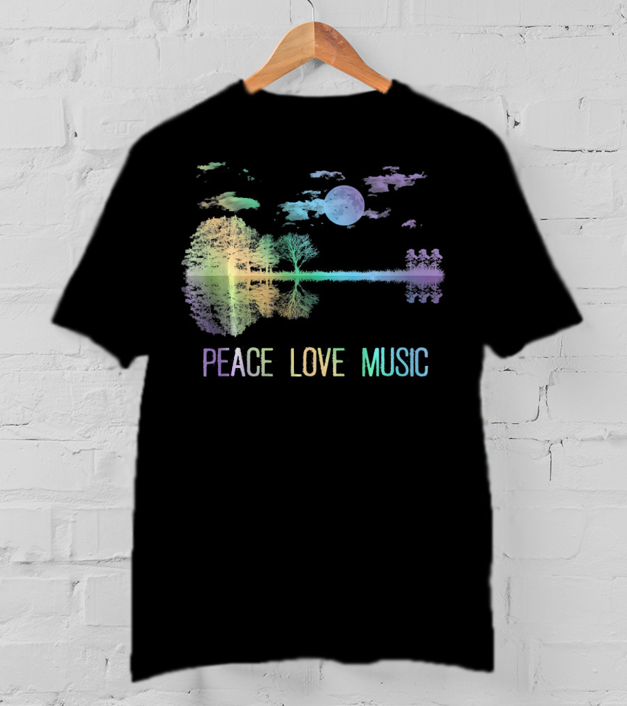 Peace Love Music Guitar Moon Lake Shadow Hippie T-Shirt