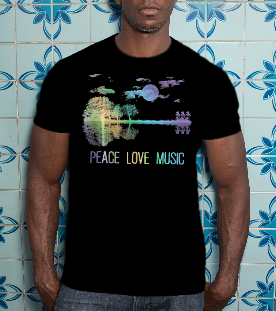 Peace Love Music Guitar Moon Lake Shadow Hippie T-Shirt