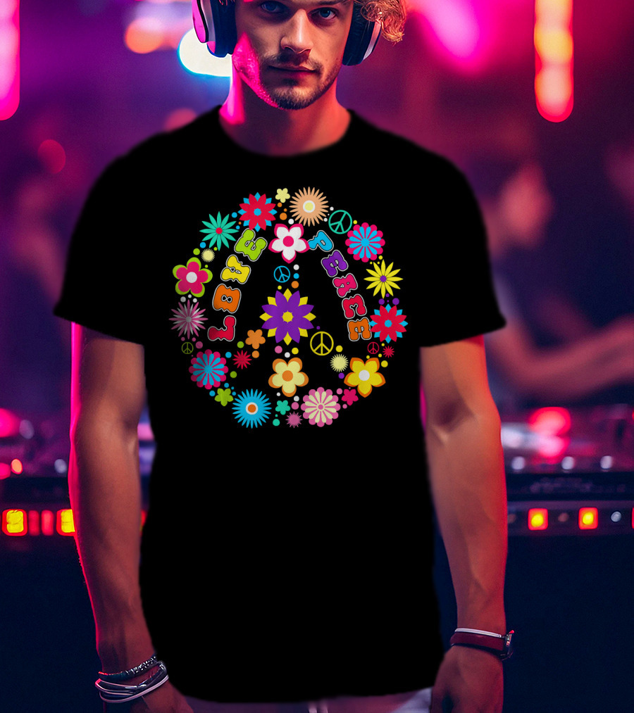 Peace Love Sign Hippie Flowers 60s 70s Groovy Floral Vibes T-Shirt