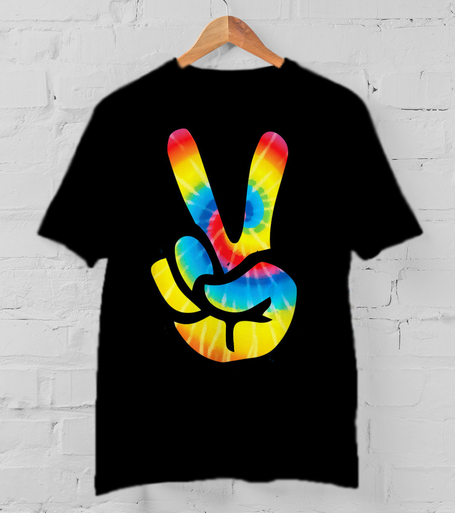 Tie Dye Peace Sign Hand V Symbol Rainbow Psychedelic T-Shirt