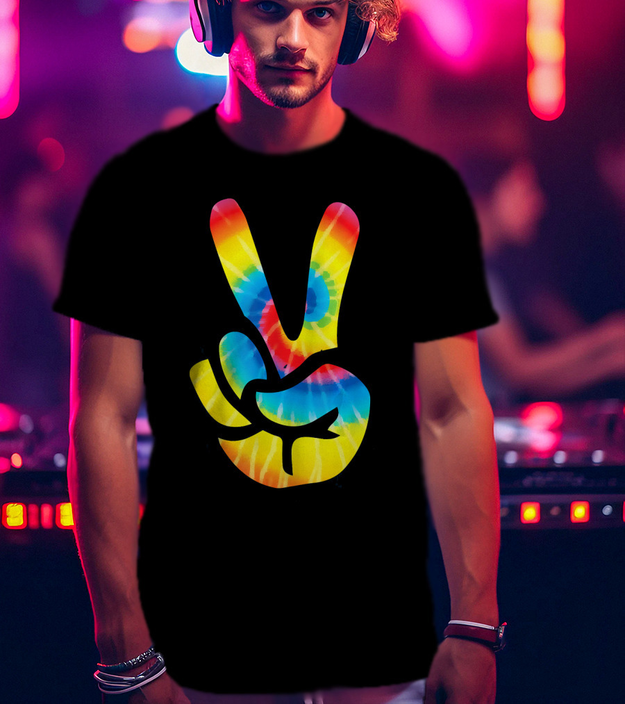 Tie Dye Peace Sign Hand V Symbol Rainbow Psychedelic T-Shirt
