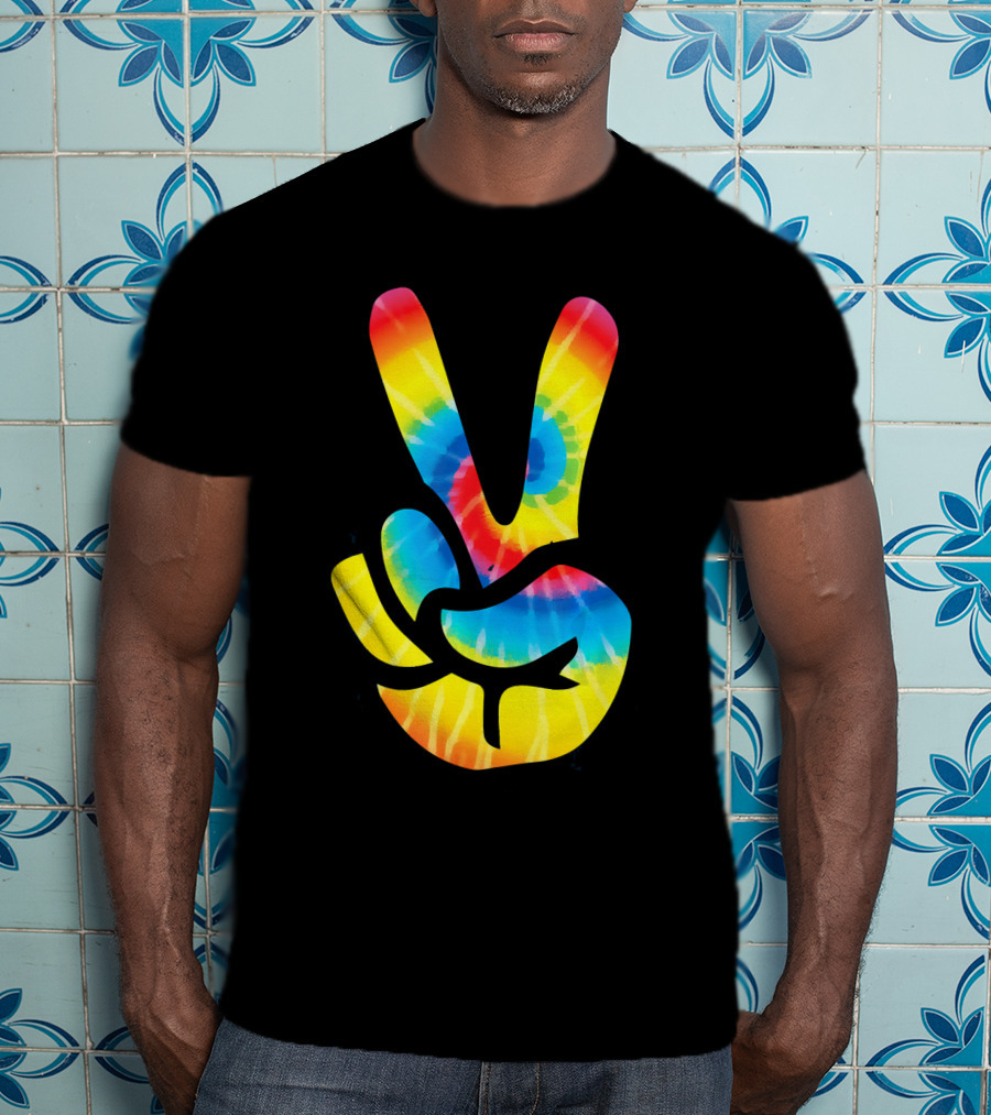 Tie Dye Peace Sign Hand V Symbol Rainbow Psychedelic T-Shirt