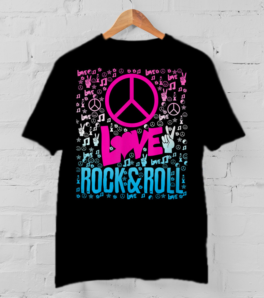 Peace Love Rock And Roll Music Icons And Hippie Symbols T-Shirt