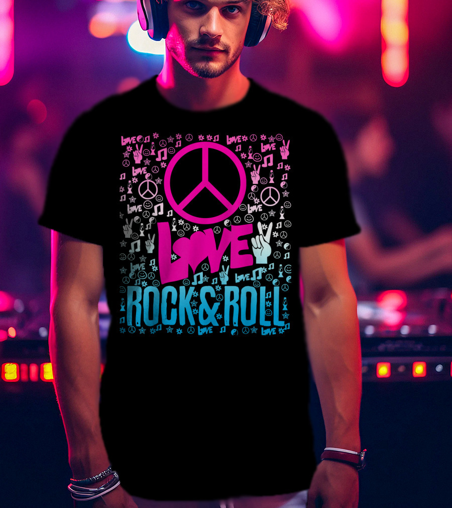 Peace Love Rock And Roll Music Icons And Hippie Symbols T-Shirt