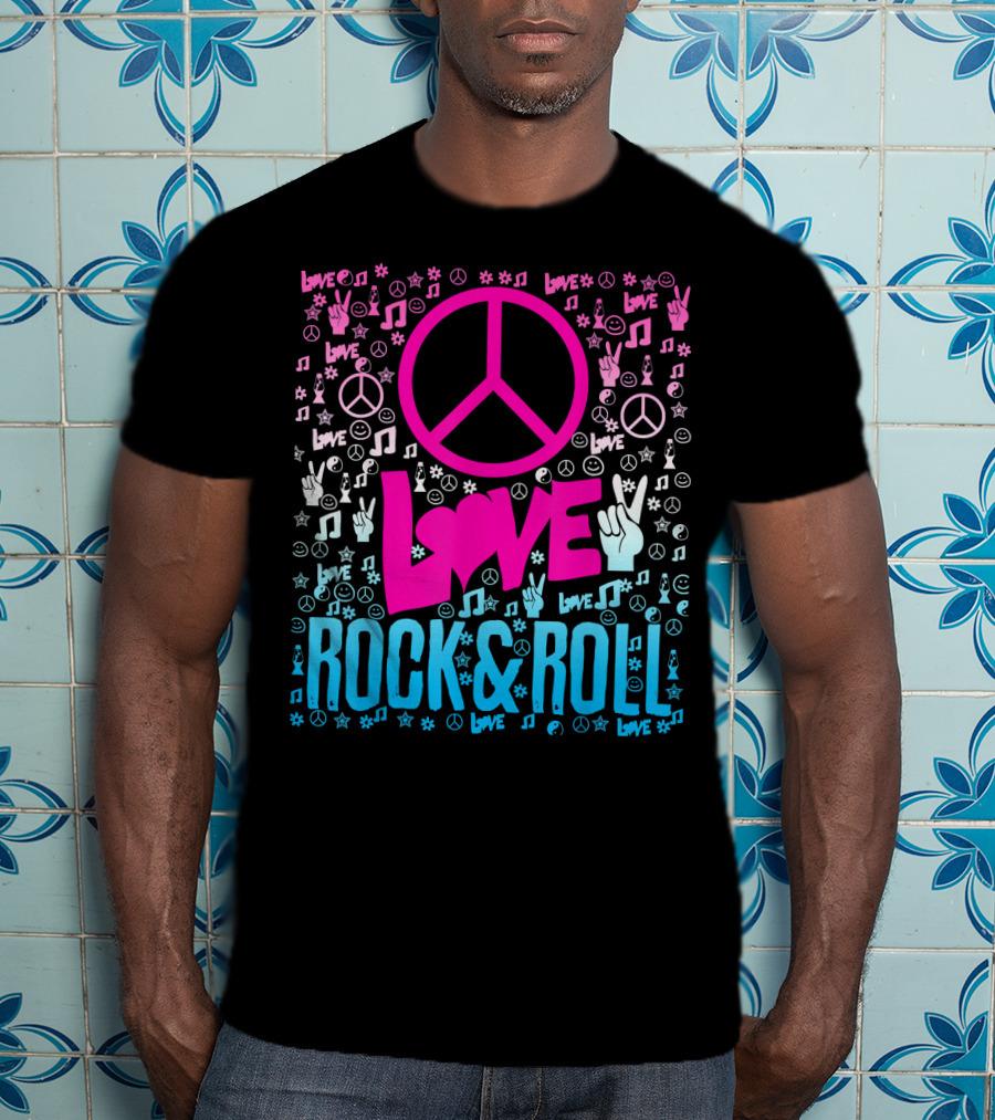 Peace Love Rock And Roll Music Icons And Hippie Symbols T-Shirt
