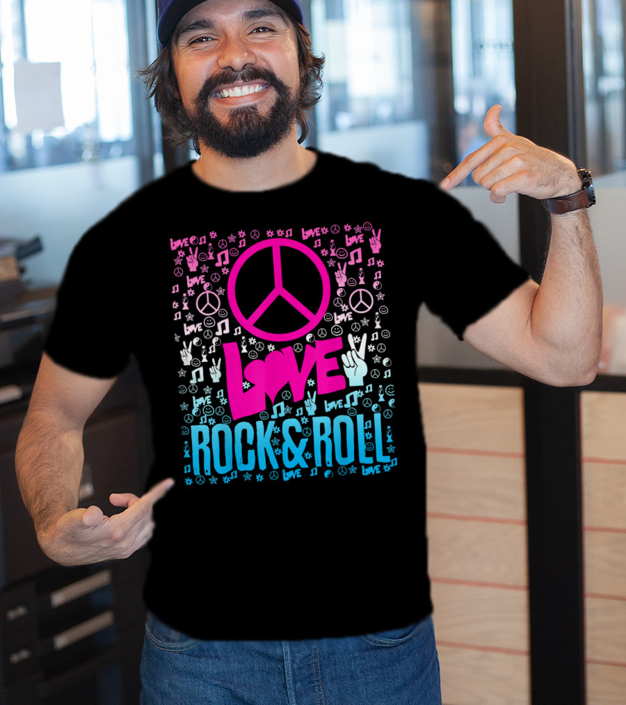 Peace Love Rock And Roll Music Icons And Hippie Symbols T-Shirt