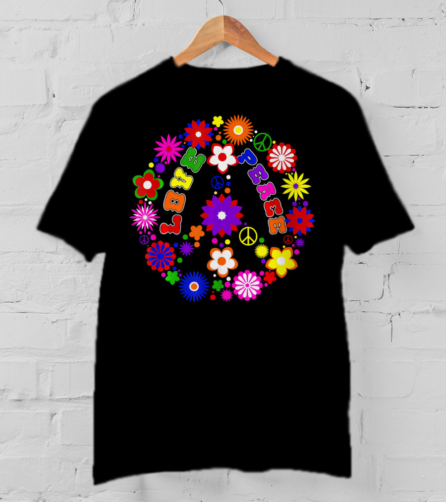Love Peace Sign Retro Flowers Hippie Col Colorful Groovy T-Shirt