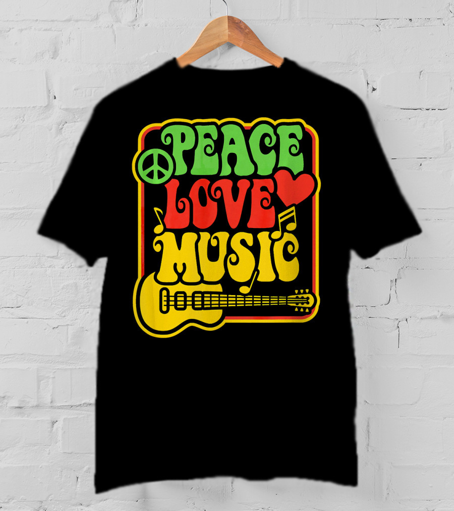 PEACE LOVE MUSIC Rock And Roll Reggae Guitar T-Shirt