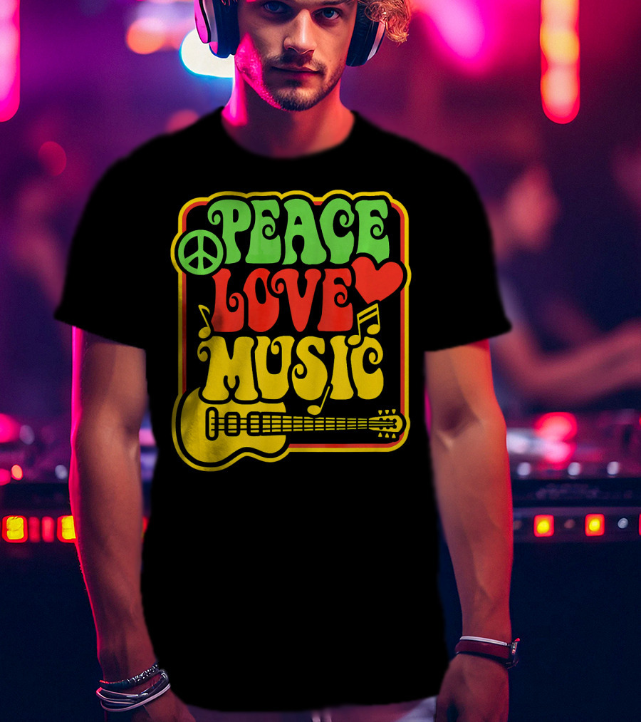 PEACE LOVE MUSIC Rock And Roll Reggae Guitar T-Shirt
