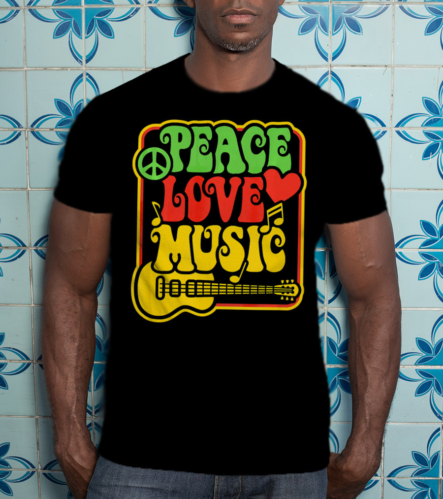 PEACE LOVE MUSIC Rock And Roll Reggae Guitar T-Shirt