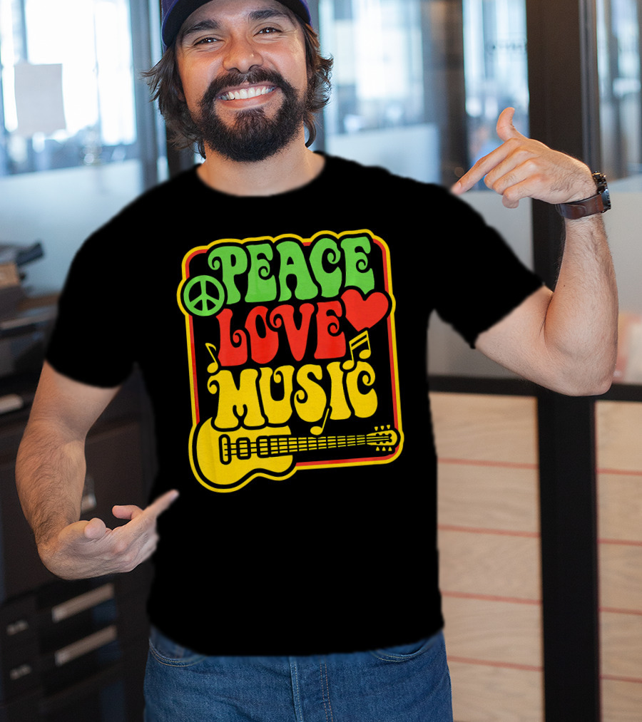 PEACE LOVE MUSIC Rock And Roll Reggae Guitar T-Shirt