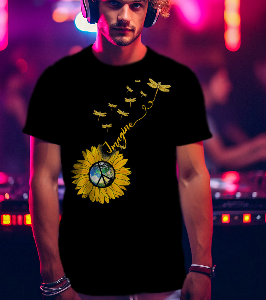 Imagine Peace Earth Sunflower Dragonflies T-Shirt