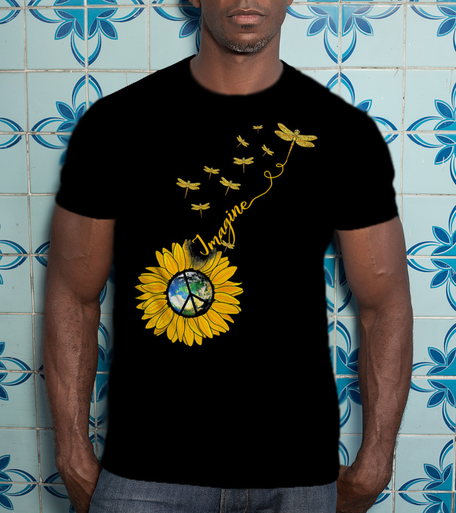 Imagine Peace Earth Sunflower Dragonflies T-Shirt