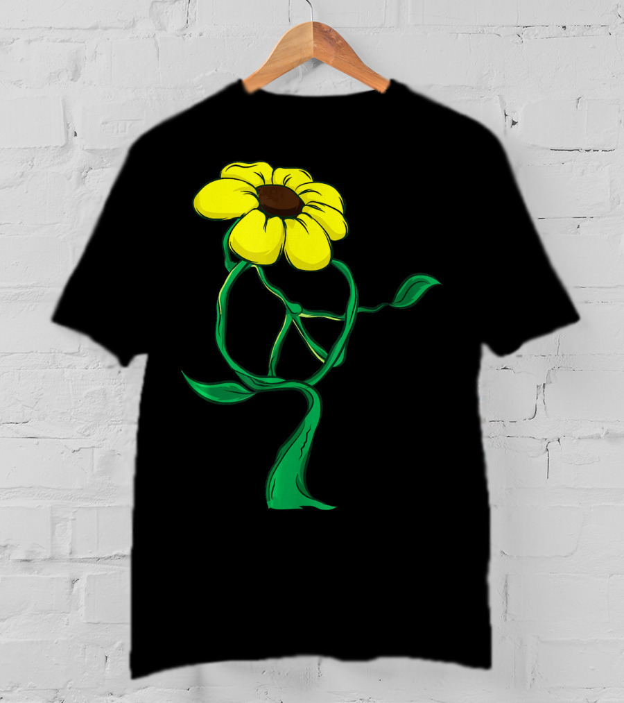 Hippie Yellow Flower Peace Sign Stem Green Leaves T-Shirt