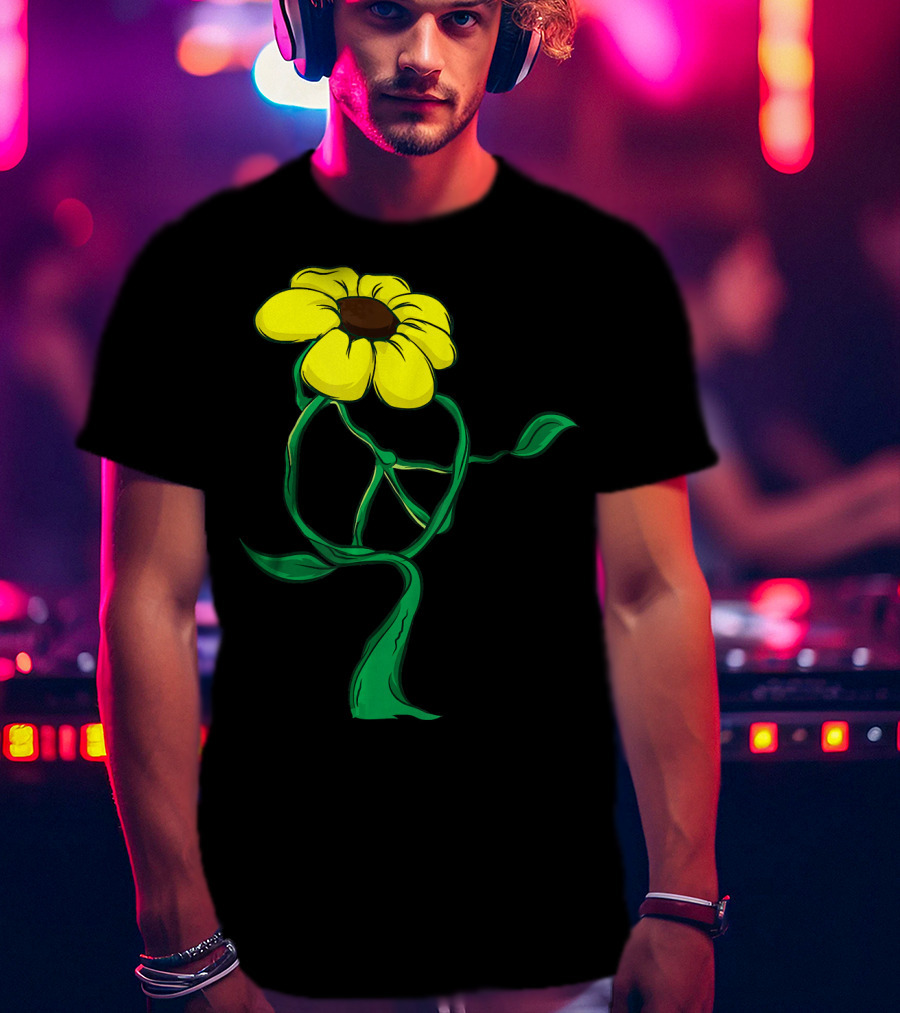Hippie Yellow Flower Peace Sign Stem Green Leaves T-Shirt