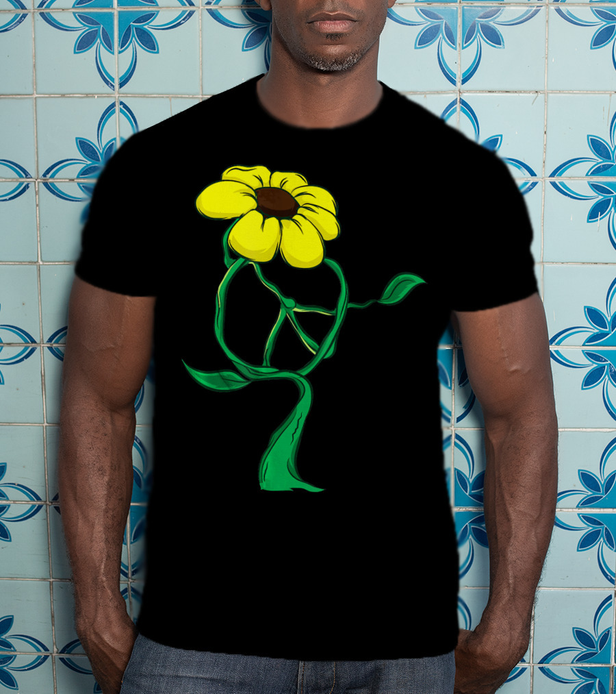 Hippie Yellow Flower Peace Sign Stem Green Leaves T-Shirt